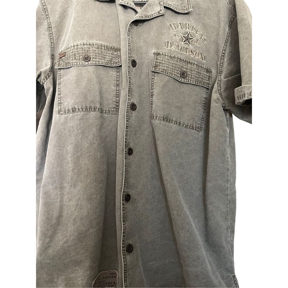 Harley Davidson Men's Button-Down Collared Denim Polo Shirt Gray Size L